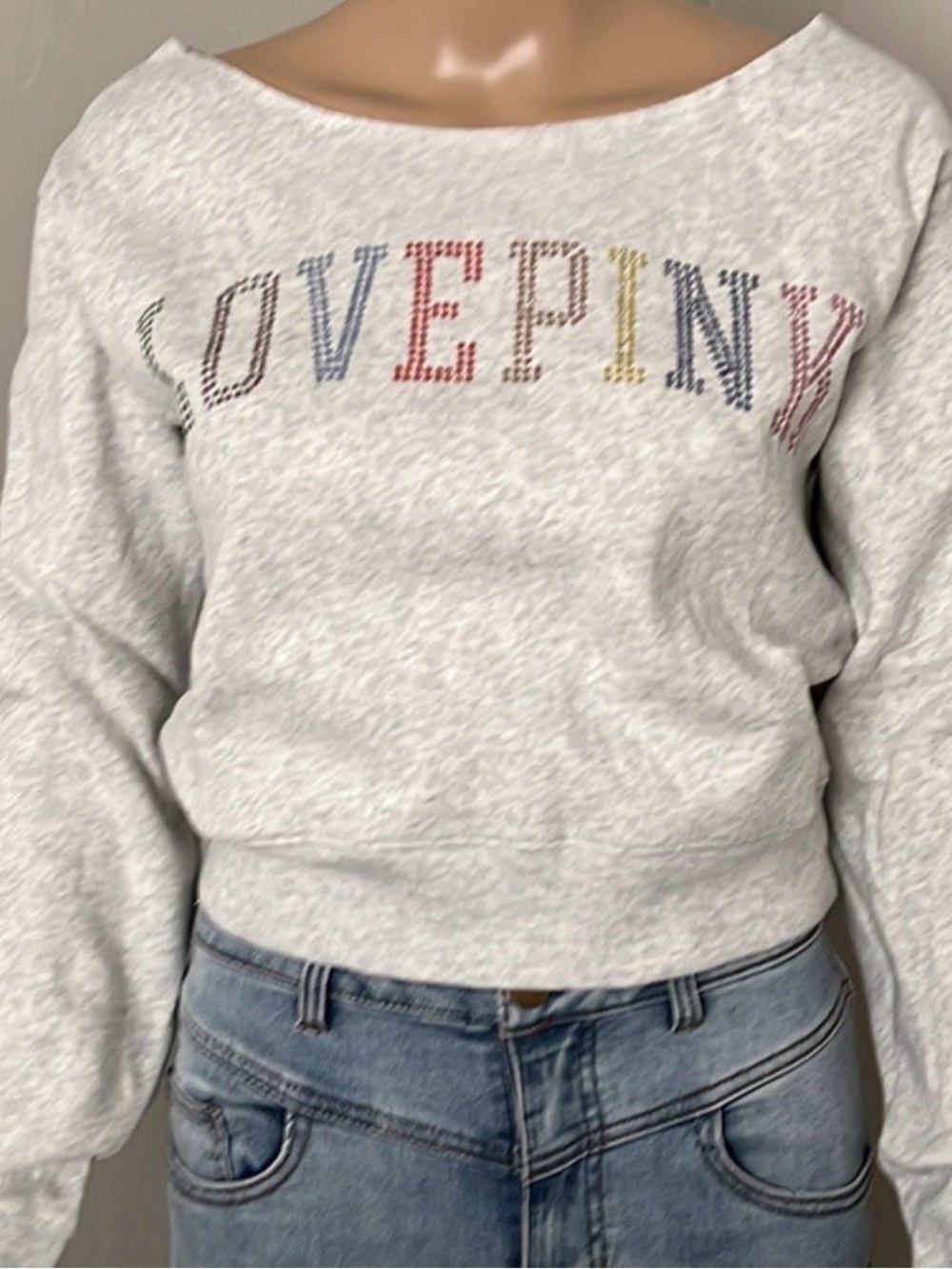 PINK Victoria's Secret Light Gray "LOVE PINK" Sweatshirt with Rainbow Stitching